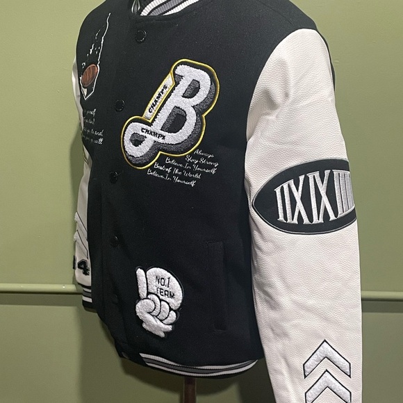 Bleecker&Mercer jacket varsity bomber black/white snap button - Picture 2 of 5